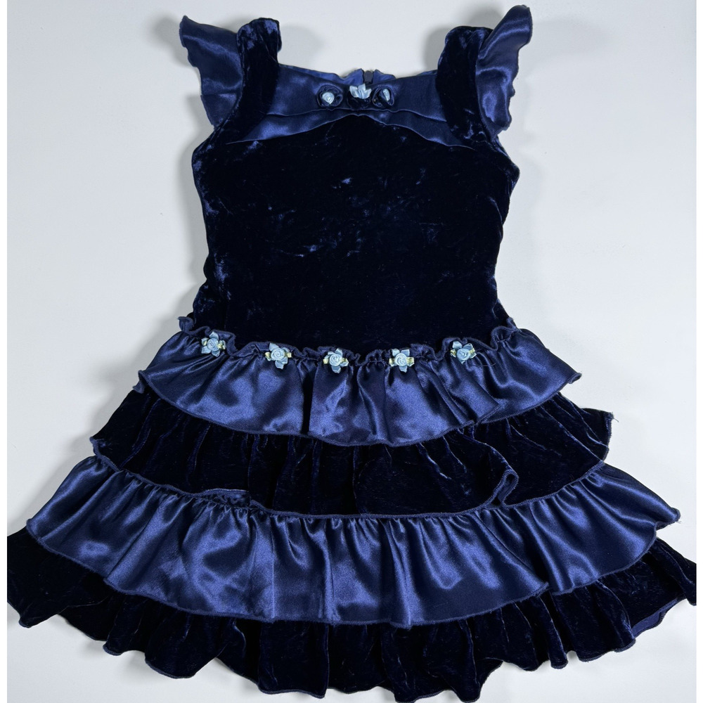 Biscotti Collezioni Girls Size 4 Navy Velvet Ruffle Party Dress Floral Trim